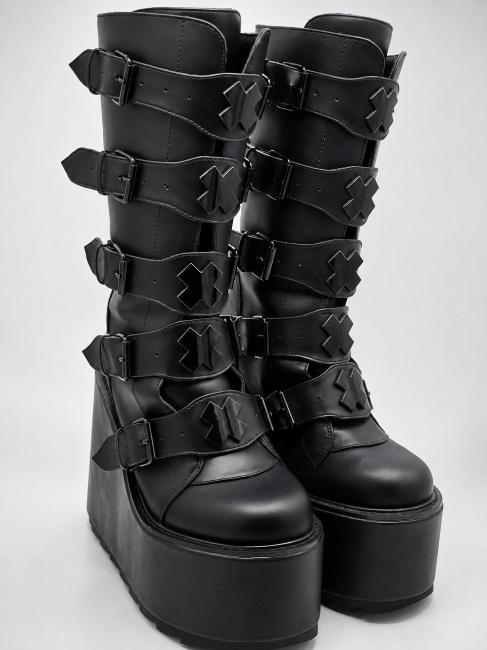 YRU Black Platform Buckle Boots
